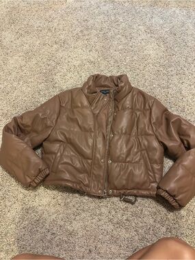 Love Tree Tan Faux Leather Cropped Puffer Jacket